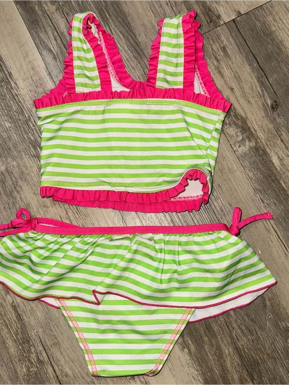 Penelope Mack Green and Pink Striped Girls Two-Piece Swim Set
